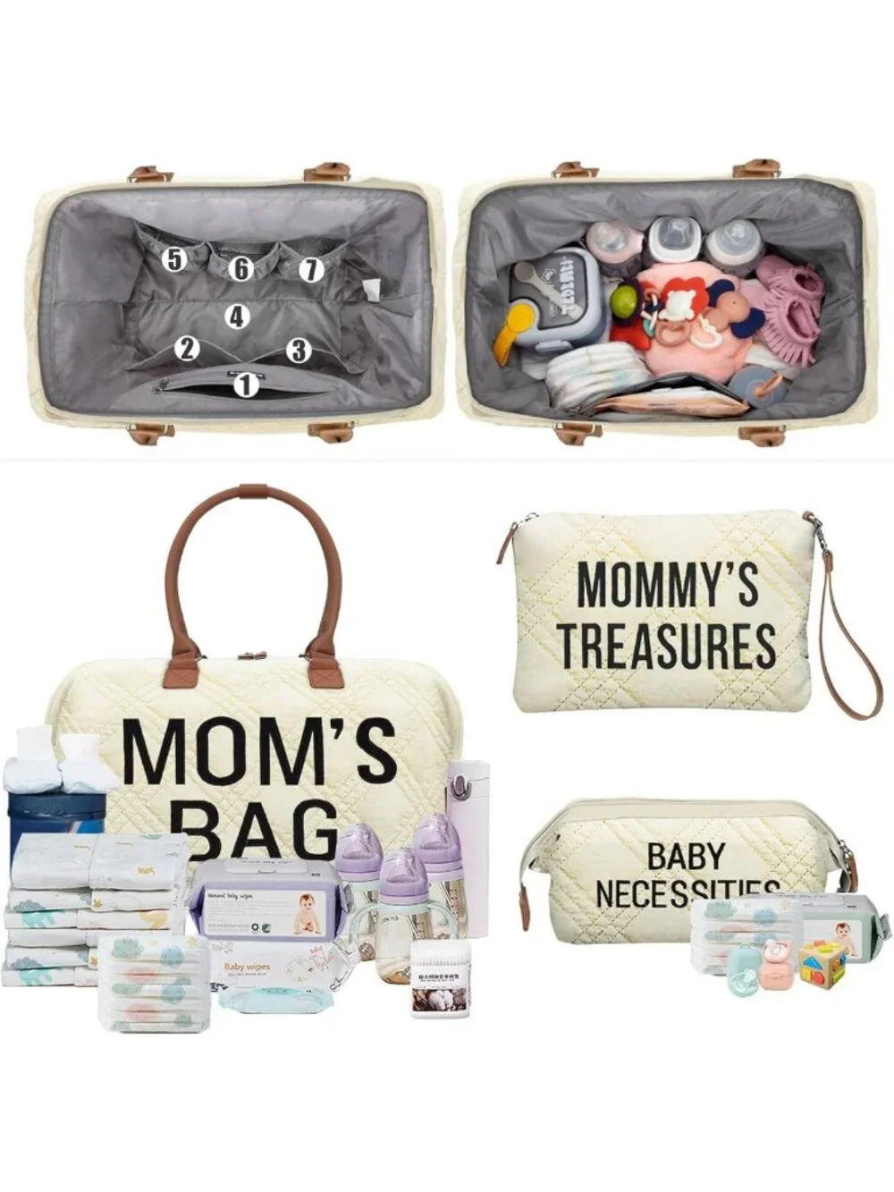 Large Quilted Diaper Tote Bag with 2 Organizers - Stylish Baby Care Travel Bag